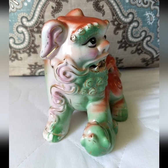 Rare Antique Female Hand-painted Orange & Green Chinese Feng Shui Foo Dog Lion - Picture 8 of 12